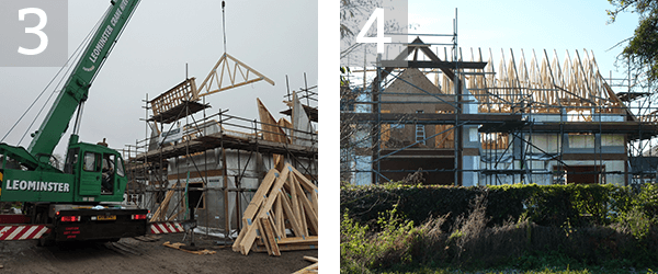 The roof trusses are craned into position on the timber frame self build