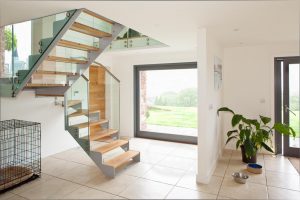 Contemporary timber frame home with stone walls