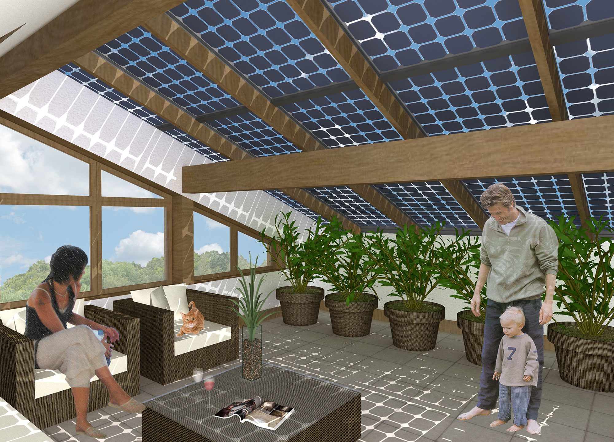 Internal shot of a ZEDRoof with solar PVs and a man with his son