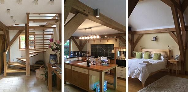 The contemporary staircase, rustic kitchen and master bedroom
