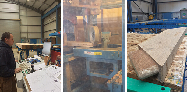 The Hundegger carving chamfered tenons on an oak beam