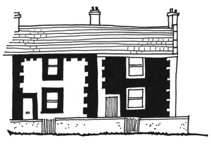 Sketch of a traditional rendered and painted Lancashire house