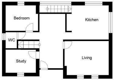 UK house plans for two bedroom architect-designed self build - upper ground floor