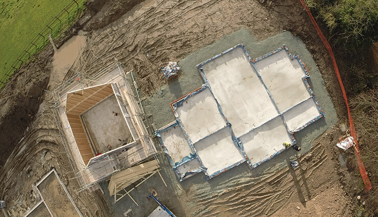 aerial view of self build home foundations