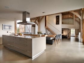 Open plan kitchen in barn renovation