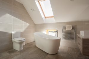 Freestanding bath in bright bathroom