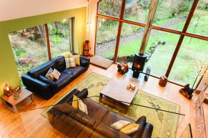 Bright living area with wooden fixtures
