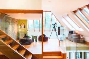 Bright living area with wooden fixtures