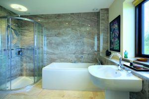 Modern bathroom with stone wall