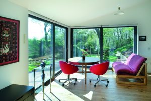 Kitchen with large French windows