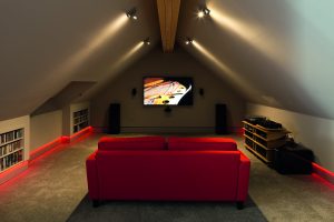 loft lounge with red sofa