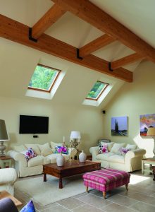 large wood beamed living room