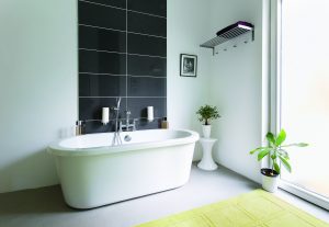 simple white bathroom with black tiles