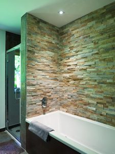 exposed brick bathroom