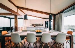 Vaulted ceilings in kitchen-diner