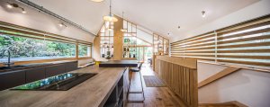 Modern interiors with exposed timber and ventilation pipes