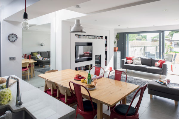 Open-plan lounge-diner with sliding doors