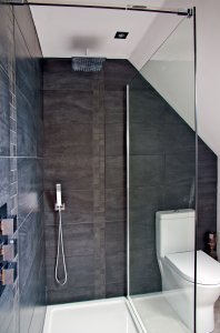 Modern bathroom with pitched ceiling