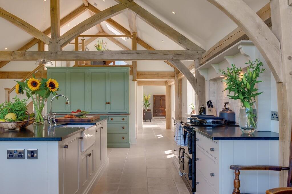 Kitchen with vaulted ceiling and exposed oak beams