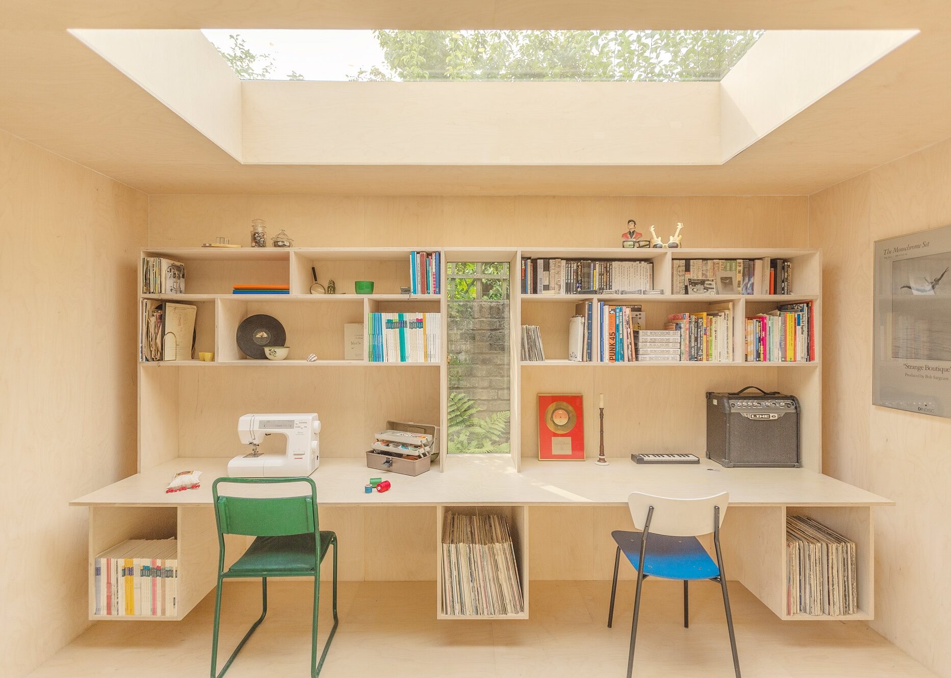 garden office with plywood built in desks