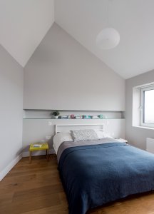 Contemporary bedroom with pitched ceiling
