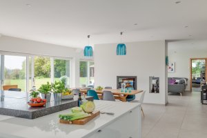 Open-plan living space with kitchen island