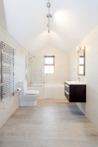 Modern bathroom with pitched roof