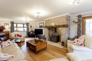 Traditional living space with woodburner and stone surround