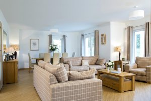 Living room in timber frame home