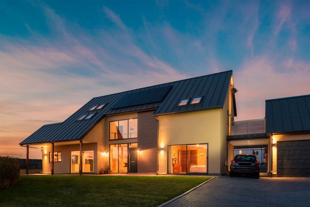 Contemporary self build with solar panels on roof