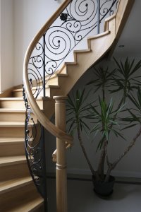 Stairs built in European Oak with a wrought iron balustrade
