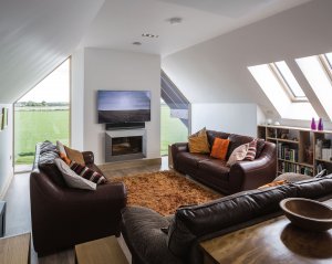 Living room in timber frame home