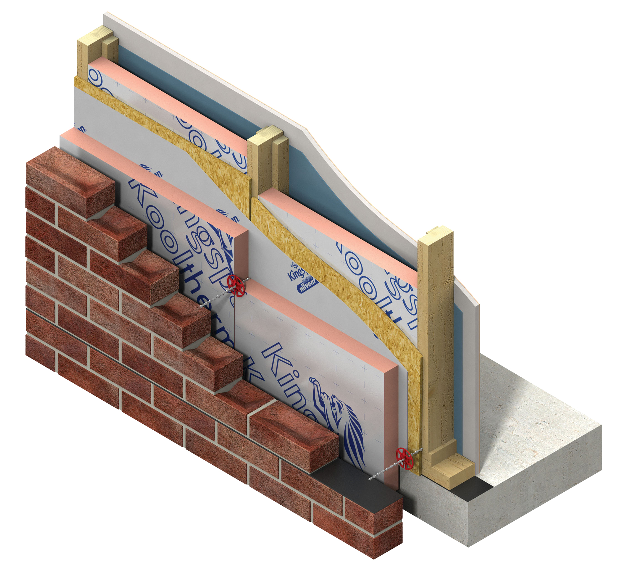  This diagram shows a masonry external wall tied back to a timber frame structure using cavity wall ties. Note the red clips to hold an extra layer of external Kingspan Thermawall insulation in place