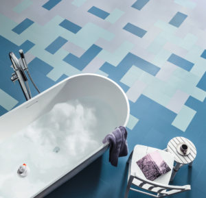 Bath and tiled flooring seen from above