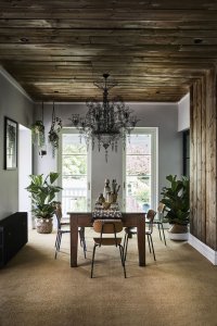 Dining room with carpet flooring and plants