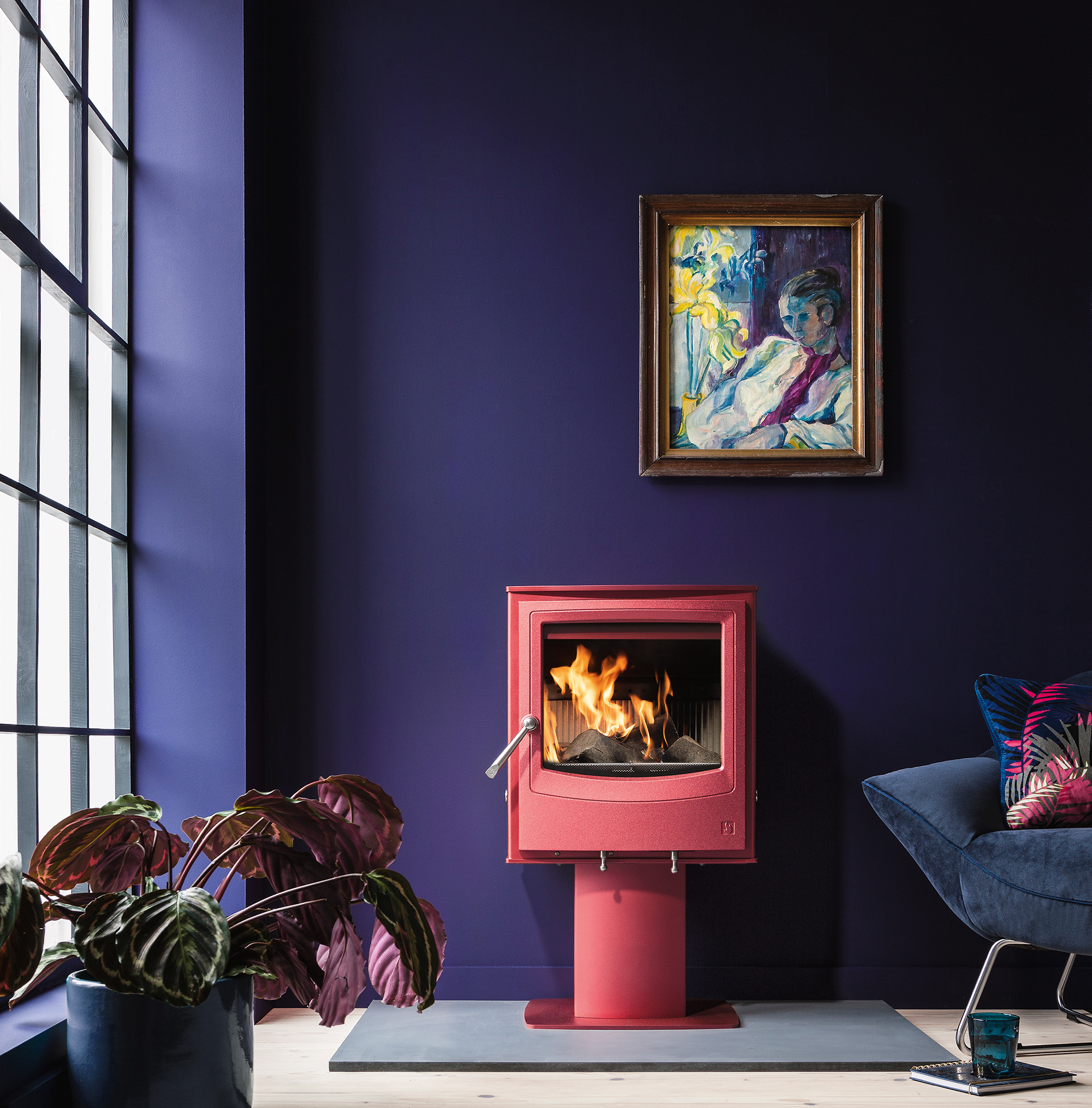 Red stove in purple room