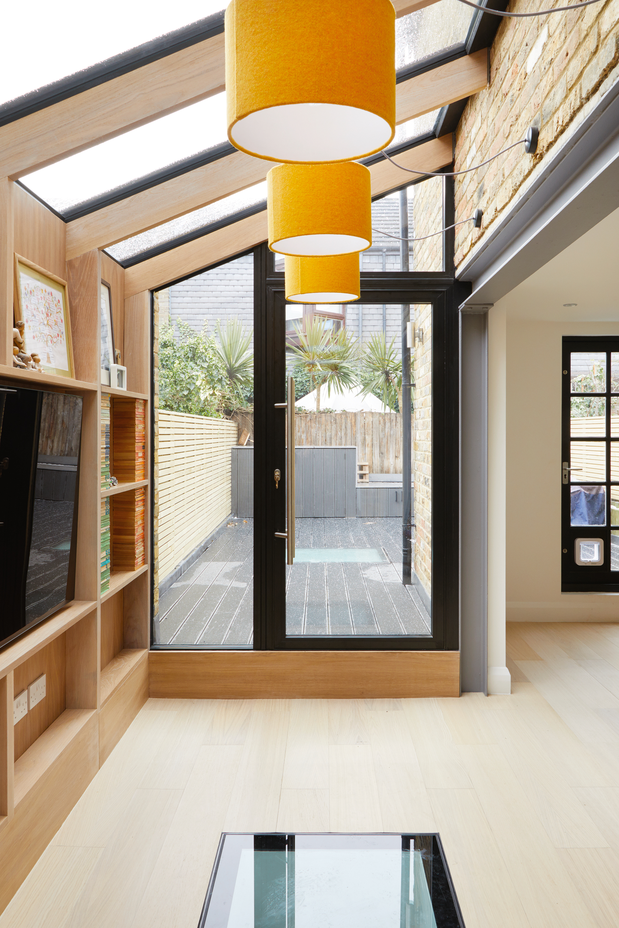 Timber frame extension with extensive glazing as seen from inside