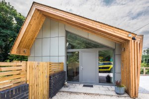 Entrance to contemporary timber frame home