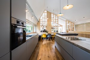 Contemporary kitchen in timber fame home