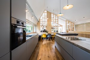 Contemporary kitchen in timber fame home