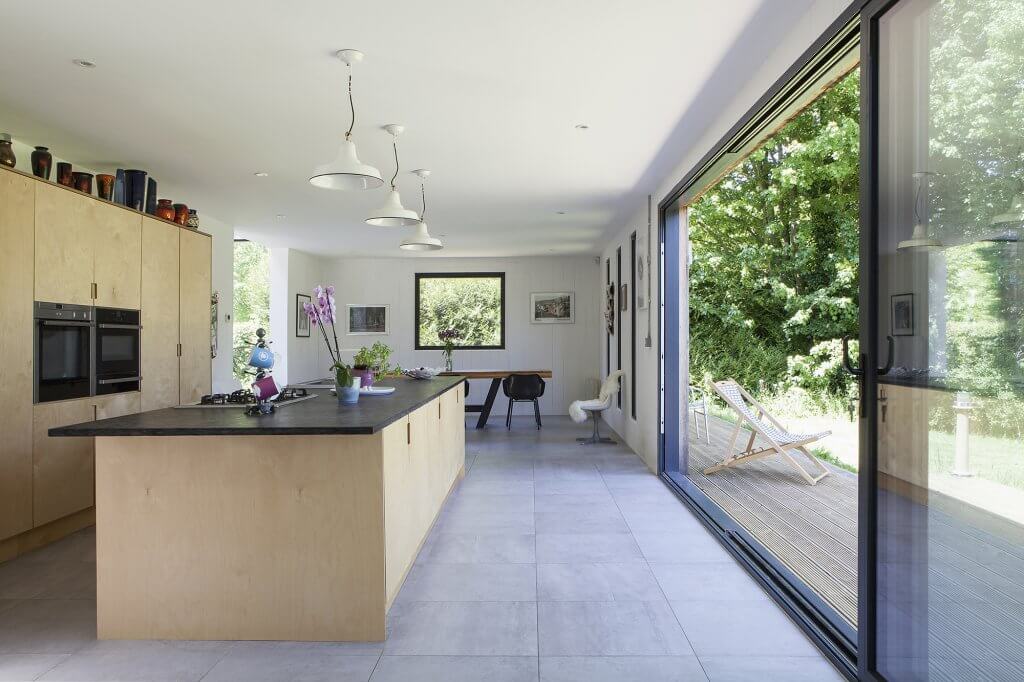 Open-plan extension with sliding doors
