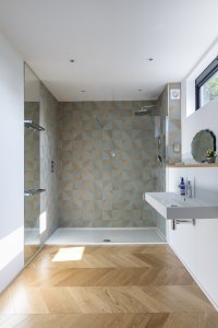 Colour Block Oak Blue Blend porcelain tiles from Mandarin Stone in walk-in shower
