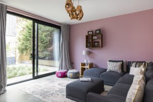 Open plan living room with sliding doors