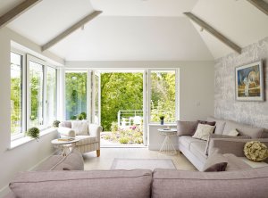 living room with double height ceiling