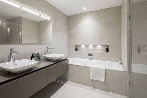 Modern bathroom fitted with bowl sinks