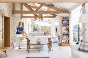 neutral, scandi-style kitchen with Tom Raffield pendant light