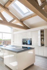 exposed beams in modern kitchen