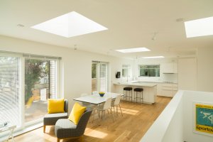 Open-plan living area with overhead glazing