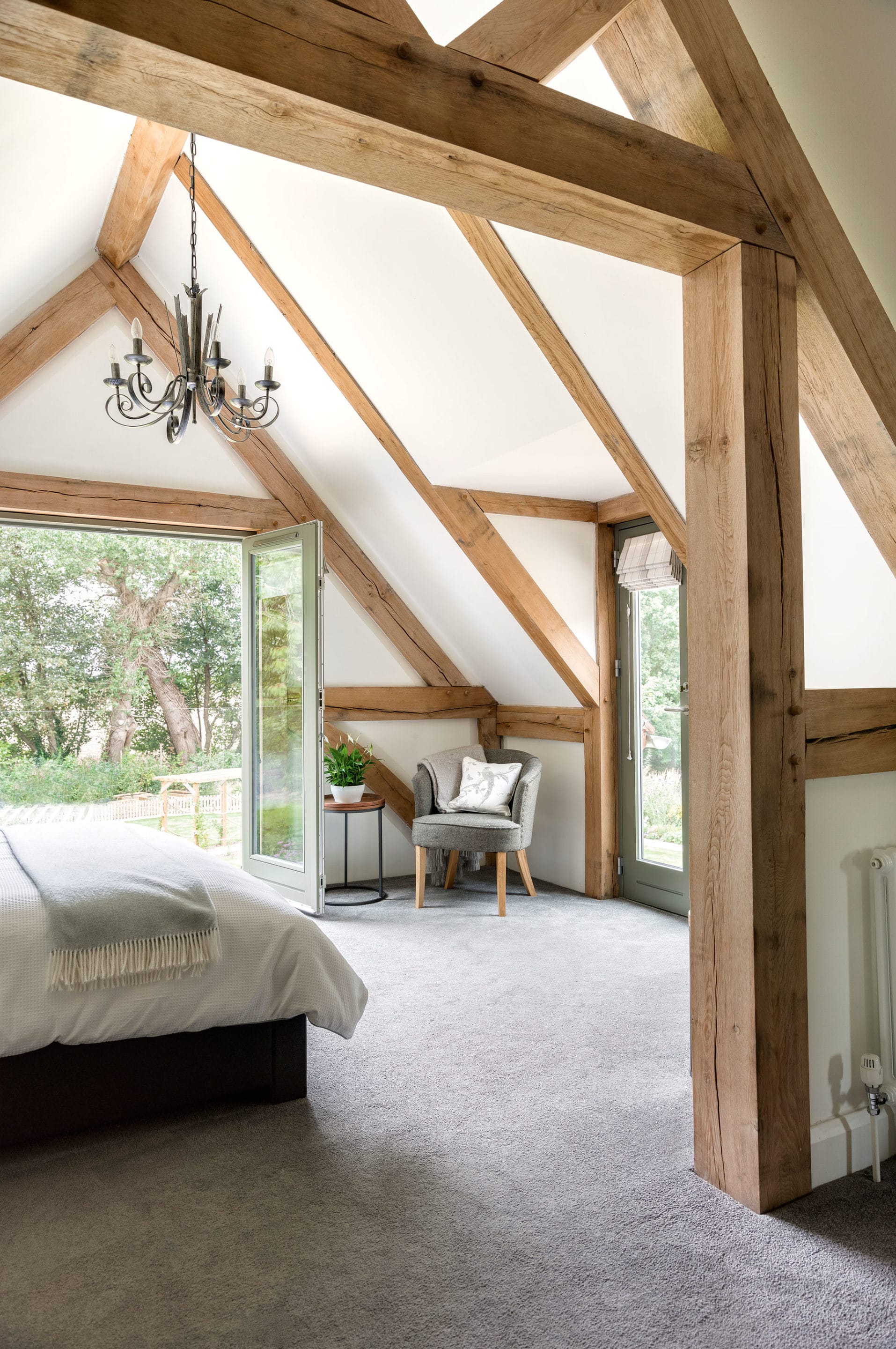 Exposed beam bedroom