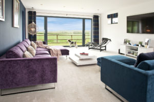 Living room with purple colour scheme